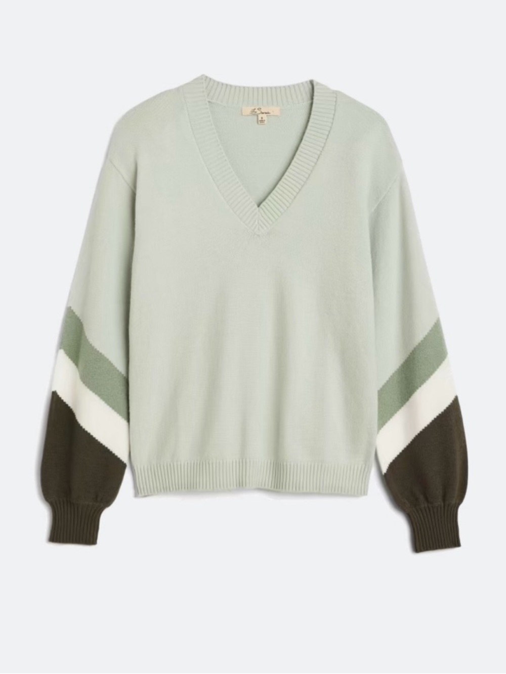 Mint and Olive Green V-Neck Sweater with Chevron Sleeve Stripes